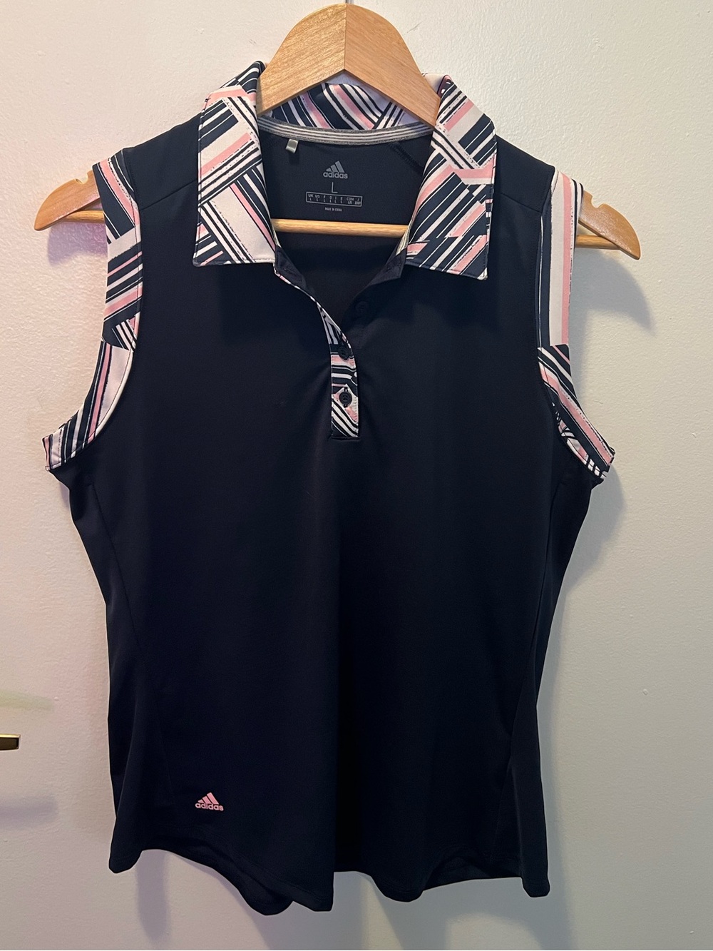 ⛳️ Adidas Golf Ultimate365 Sleeveless Polo Navy Blue Pink Graphic Trim Large